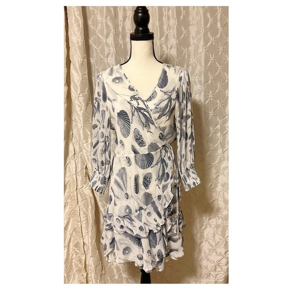 Allsaints Ari Oceano Long Sleeve Wrap Dress White Blue Shell Beach All Saints - Picture 3 of 14